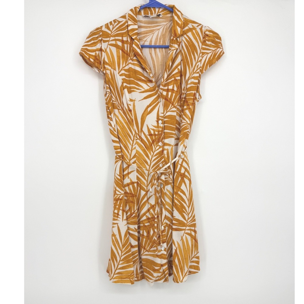 Forever 21 Contemporary Mustard Yellow Palm Print Rayon Button Front Dress Small